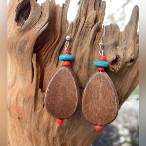 Burnt Orange, Turquoise and Wood Earrings